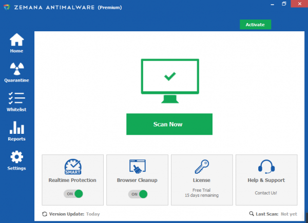 Zemana AntiMalware displayed menu