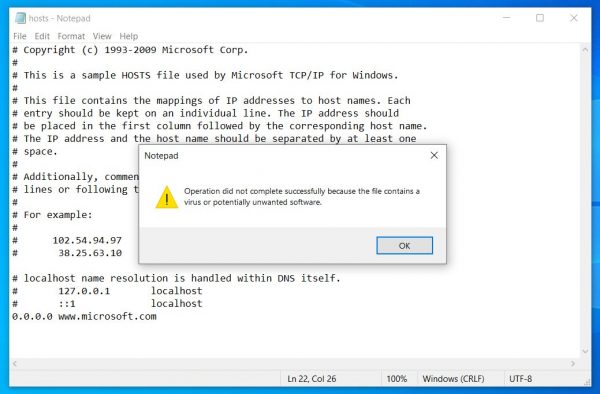 Windows considers hosts as malicious